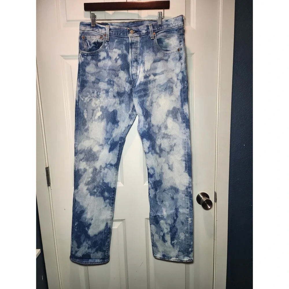 Levis 501 93 Straight Leg Jeans Men's 34x32 Blue White Acid Wash Tie Dye Denim